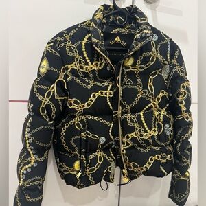 Moose Knuckles Black and Gold Chain Puffer Jacket